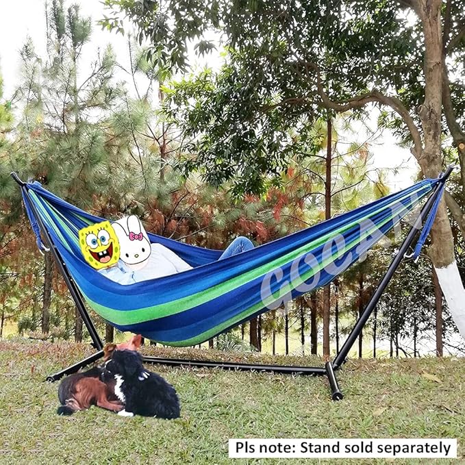 Brazilian Double Hammock 2 Person Extra Large Canvas 250x160cm Total Length 350cm Load 500lb Cotton Hammock for Garden Outdoor and Indoor Blue/Green(98 * 65'')
