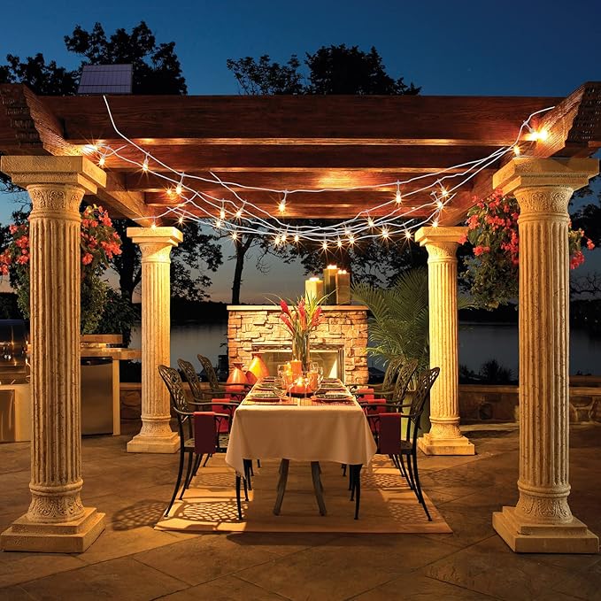 Mlambert 96FT(2x48FT) 3-Color in 1 Dimmable Solar String Lights Outdoor, Remote Patio String Lights with 30+5 LED Bulbs for Pergola Outside-White Cord