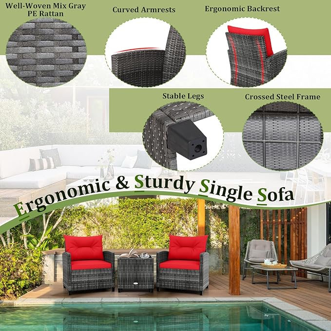 RELAX4LIFE Wicker Patio Furniture Sets - 3 Pieces Rattan Sofa Set, Outdoor Conversation Set with Tempered Glass Tabletop, Heavy-Duty Steel Frame, Wicker Chair Set for Poolside, Backyard (Grey-Red)