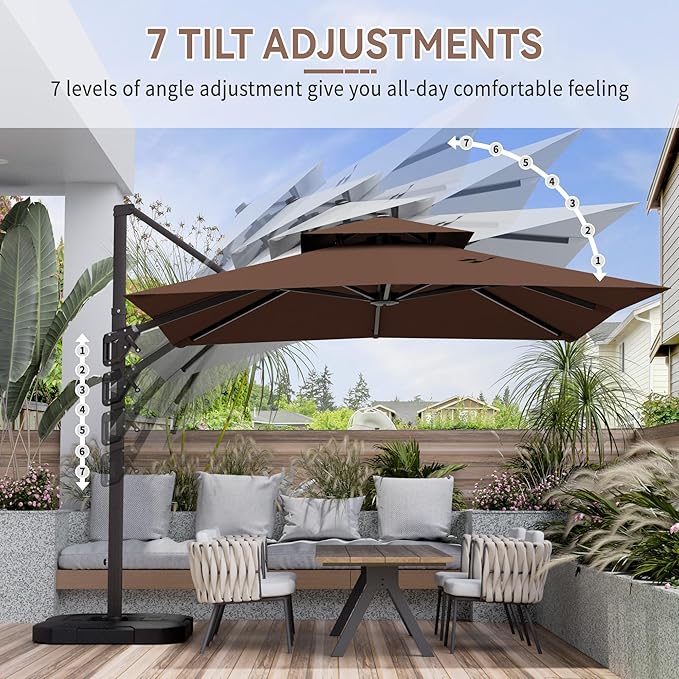 10' X 10' Cantilever Patio Umbrella Outdoor with Base Included Heavy Duty Double Top Windproof Square Offset Umbrellas with 360-degree Rotation for Pool Deck Backyard, Brown