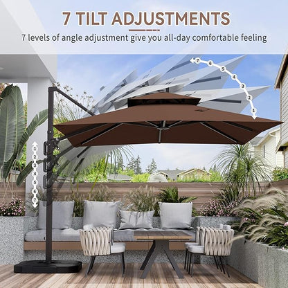 10' X 10' Cantilever Patio Umbrella Outdoor with Base Included Heavy Duty Double Top Windproof Square Offset Umbrellas with 360-degree Rotation for Pool Deck Backyard, Brown