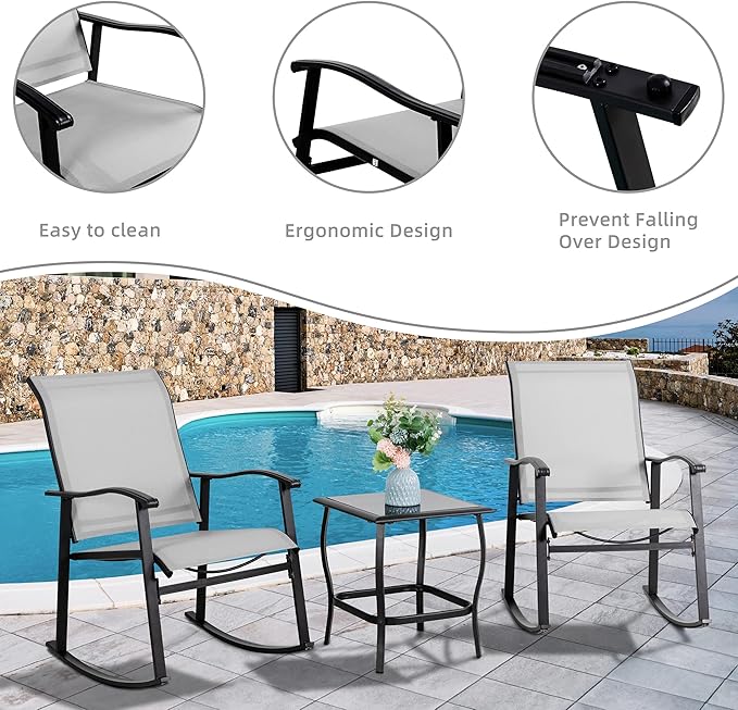 Vongrasig 3 Piece Outdoor Rocking Bistro Set, Textilene Fabric Small Patio Furniture Set, Front Porch Rocker Chairs Conversation Set with Glass Table for Lawn, Garden, Balcony, Poolside (Light Gray)