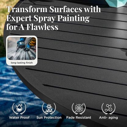 Outdoor Patio Round Dining Table, 54"x 54" Metal Slatted Round Tabletop with Adjustable Umbrella Hole for Deck Lawn Garden Backyard, Black