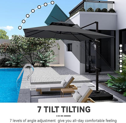 10x13 FT Cantilever Patio Umbrella with Base Included Double Top Outdoor Rectangular Large Heavy Duty Aluminum Offset Umbrellas with 7 Level Tilt 360-degree Rotation for Pool Garden Deck, Grey