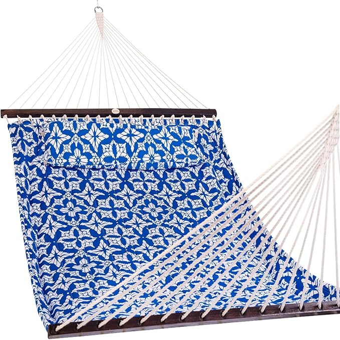 Lazy Daze Hammocks 12FT Quilted Fabric Hammock with Soft Pillow, Double 2 Person Tree Hammock with Spreader Bar for Outside Patio Poolside Backyard Beach, 450lbs Capacity