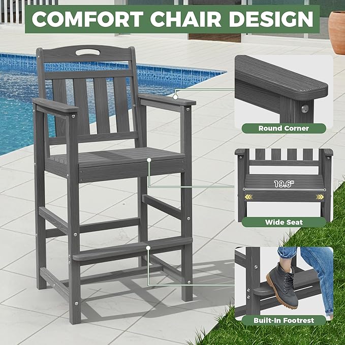 HDPE Outdoor Patio Bar Set with Bar Height Table and 2 Adirondack Chairs, All-Weather High Top Outside Round Pub Furniture for Bistro, Garden, Backyard, Deck | 3-Pieces, Grey