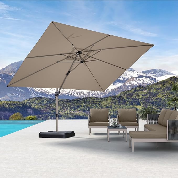 PURPLE LEAF 9' X 11.5' Patio Umbrella, Rectangle Outdoor Cantilever Umbrella, Aluminum Offset Umbrella with Champagne Frame and 360° Rotation for Pool Deck Garden, Taupe