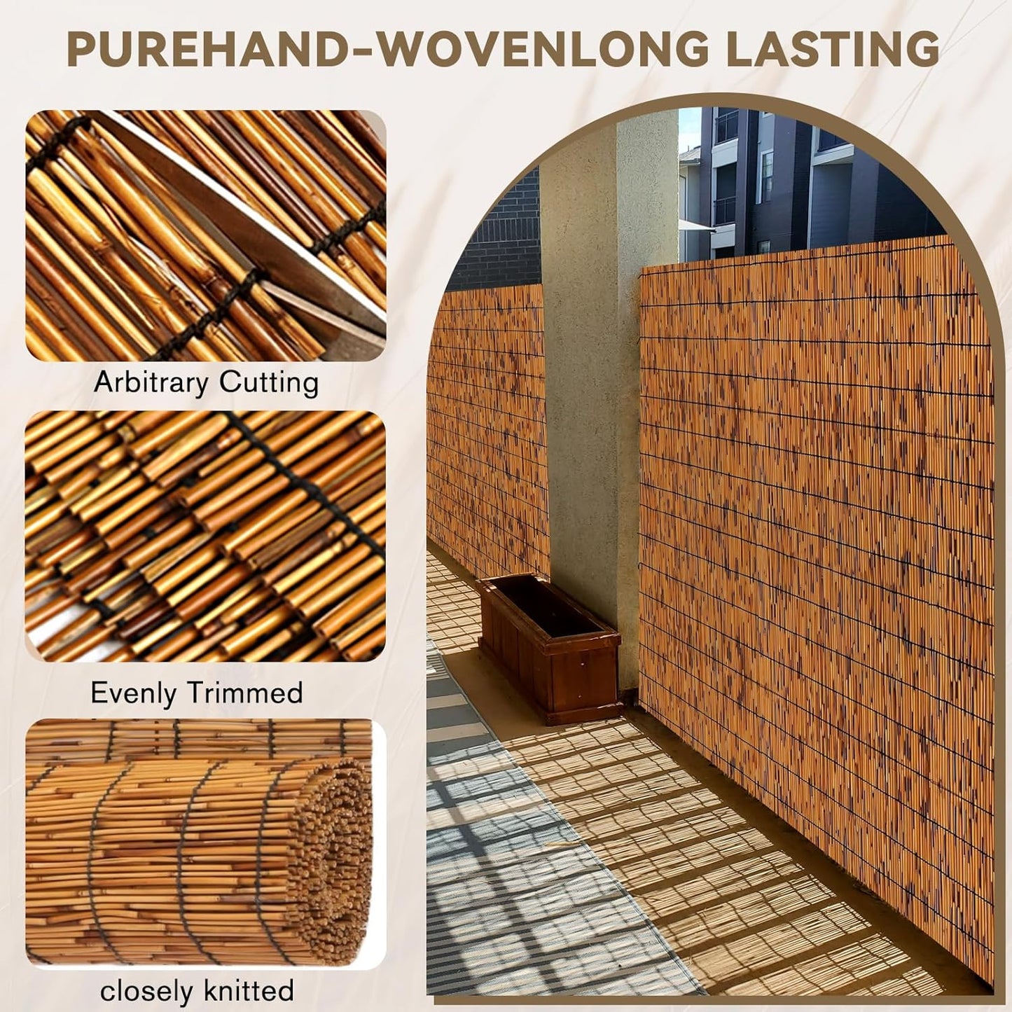 Bamboo Reed Fencing, Light Russet Bamboo Fence Rolls 6 Feet High, Decorative Privacy Screen Reed Curtains for Patio Balcony Garden Backyard Outdoor, 6 x 16 FT