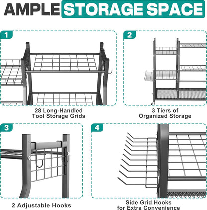 EVERHANGER Garden Tool Organizer Stand, Garage Tool Storage Organization, Yard Tool Racks with lockable wheels, Fit for Long-Handled Tools/Rakes/Brooms