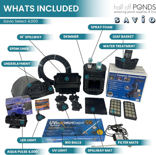 HALF OFF PONDS Savio Select 4,000 GPH Submersible Pump Pond Kit with 10' x 15' EPDM Rubber Pond Liner, UV Clarifier for Water Garden & Koi Pond