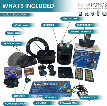 HALF OFF PONDS Savio Select 4,000 GPH Submersible Pump Pond Kit with 20' x 25' EPDM Rubber Pond Liner, UV Clarifier for Water Garden & Koi Pond