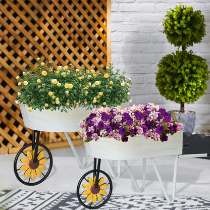 BAYN Metal Wheelbarrow Flower Cart Planter, 2 Packs Plant Stands with Triangular Support Handles Non-Rolling Wheel Vintage Wagon Planter Pots for Home Patio Garden Backyard Rustic Outdoor Decor