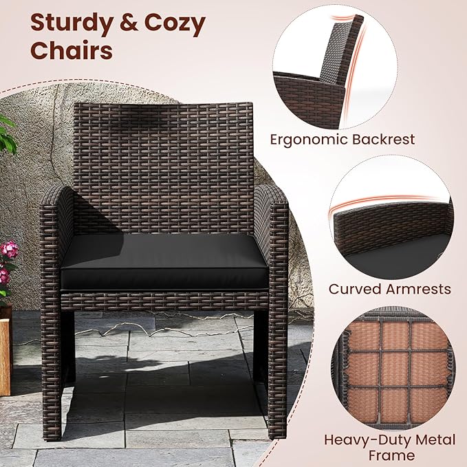 Tangkula 3 Piece Patio Wicker Dining Set, 2 Rattan Chairs with Rectangle Tempered Glass Dining Table, Outdoor Conversation Set with Cushions for Backyard, Porch, Poolside
