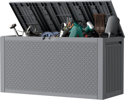 Outdoor Storage Box, 90 Gallon Deck Box, Waterproof Resin Storage Bin for Patio Cushions, Gardening Tools, Lockable, UV Resistant, Grey