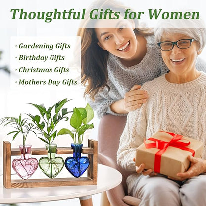 Lifecapido Heart Shaped Propagation Stations, Plant Terrarium with Wooden Stand, Plant Propagation Station for Hydroponics Office Garden Home Decor, Gifts for Women Plant Lover (3 Vases, Multicolor)