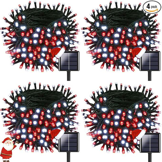 OZS 4 Pack 320LED Solar Christmas String Lights Outdoor, Waterproof 8 Modes Solar Tree Light, Green Wire Christmas Lights Outdoor for Garden, Party, Wedding, Christmas Decorations (Red&Cool White)