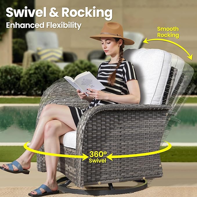 ovios 3 Pieces Patio Furniture Set, Outdoor Rocking Chairs of 2, Wicker Swivel Glider Chairs with Side Table Thick Cushions, All Weather Rattan Bistro Set for Porch, Grey