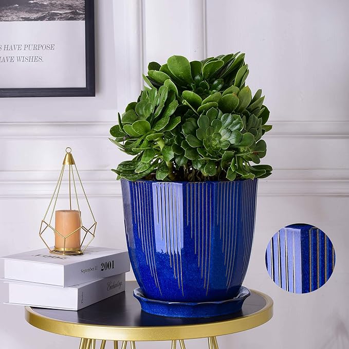 ADN Large Plant Pot Indoor Planters Ceramic Pot for Plants with Drainage Hole and Saucer for Flowers and Plants, Navy, 8 Inch