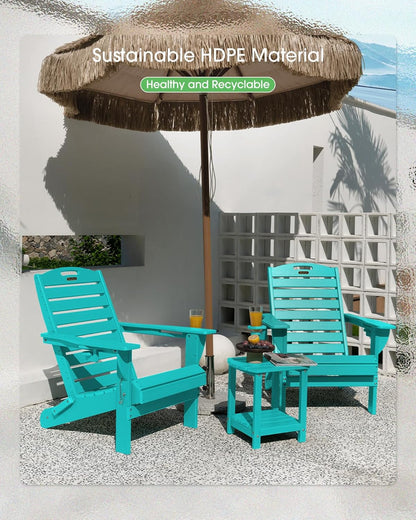 Adirondack Chairs Set of 2, Outdoor Fire Pit Chairs, HDPE All-Weather Adirondack Chairs with Cup Holder, Lawn Chair for Deck, Patio, Garden (Lakeblue)