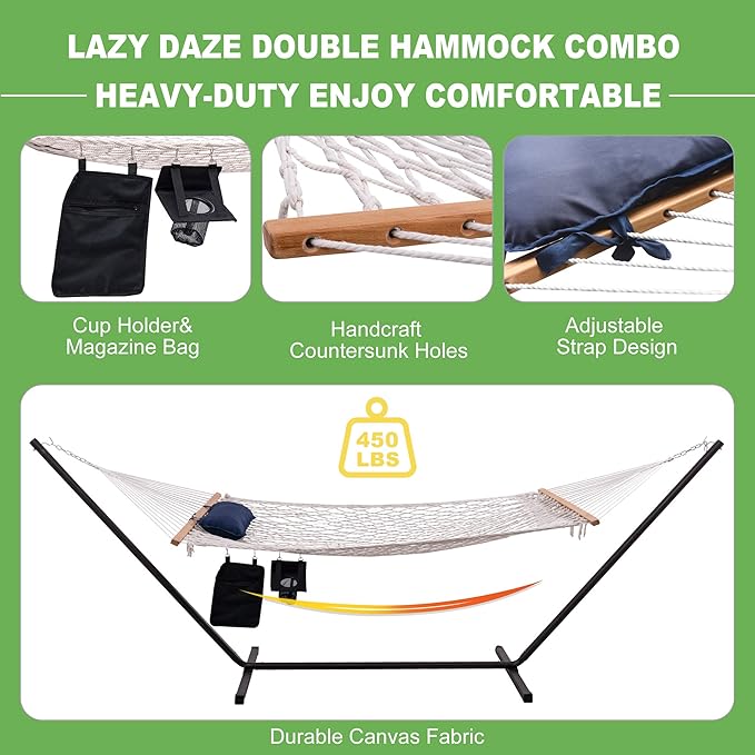 Lazy Daze Hammocks Double Rope Hammock with Stand Include, 12 Feet Traditional Cotton Rope with Pillow for Outside, Backyard, Patio, Garden, Blue Pillow