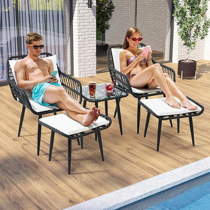 5 Piece Wicker Bistro Patio Conversation Furniture Set, Includes 2 Chairs, 2 Ottomans, and Side Table, Ideal for Porch, Balcony, Deck, Backyard, Black