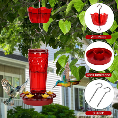 Hummingbird Feeder 2pack-14Ounces，5 Feeding Ports Glass Hummingbird feeders for Outdoors,Wide Mouth for Easy Filling/Cleaning，Hanging for Garden Backyard Decor, Includes Ant Moat (Red)