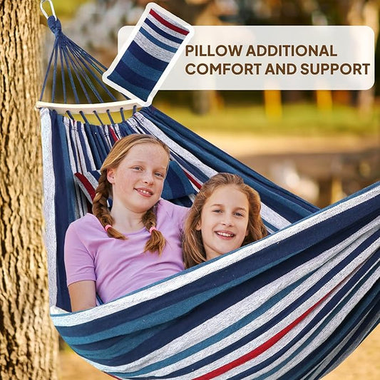 Chihee Cotton Hammock Large Soft Breathable Camping Hammock Holds Up to 660lbs Portable Tree Hammock with Detachable Spreader Bar Pillow 2 Strong Webbings 2 Carabiners Patio Garden Indoor Outdoor