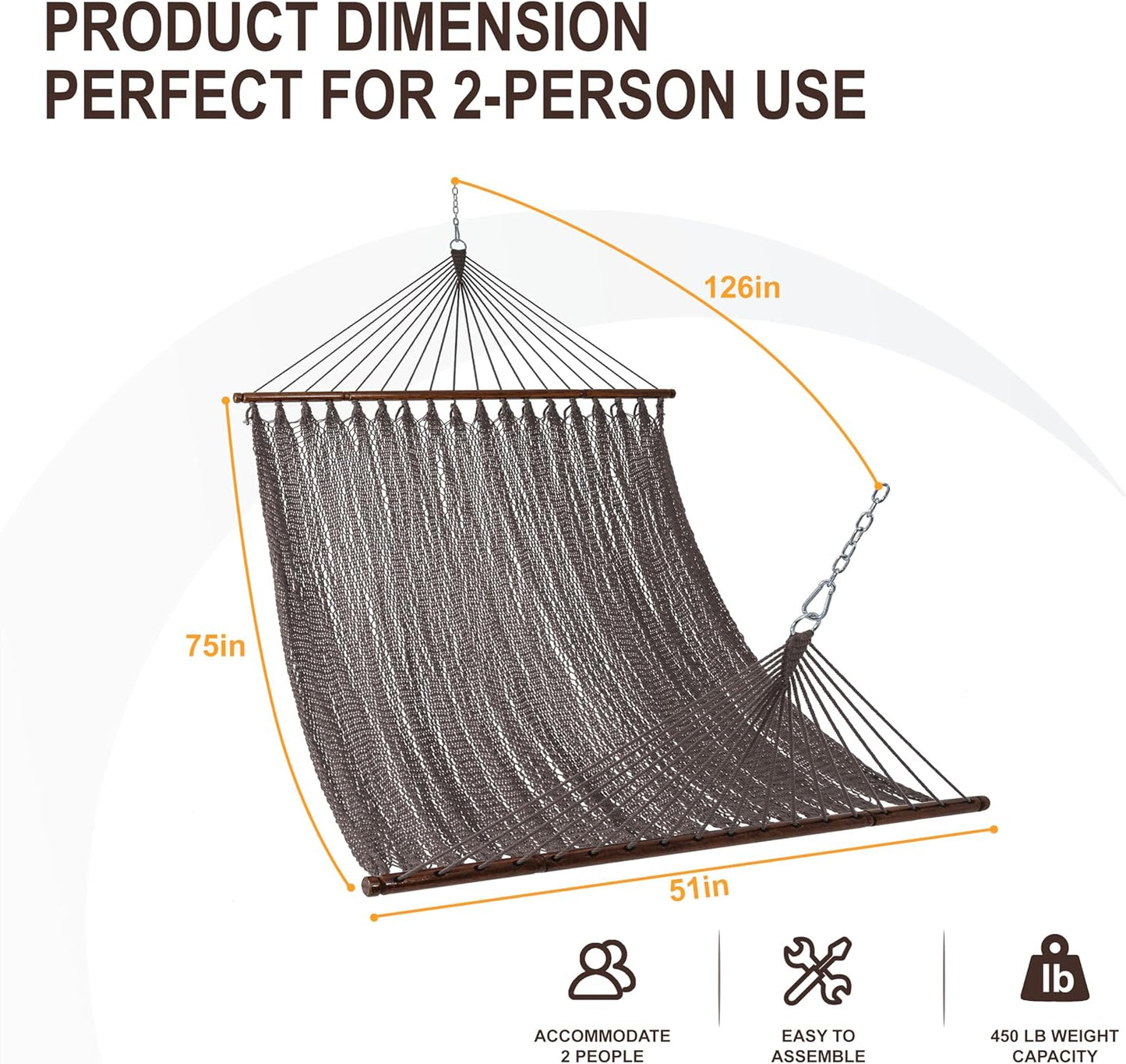 Lazy Daze Hammocks 10.5 FT Double 2 Person Caribbean Rope Hammock, Hand Woven Polyester Hammock with Spreader Bars for Outdoor Backyard Patio Poolside, 450 LBS Capacity, Brown