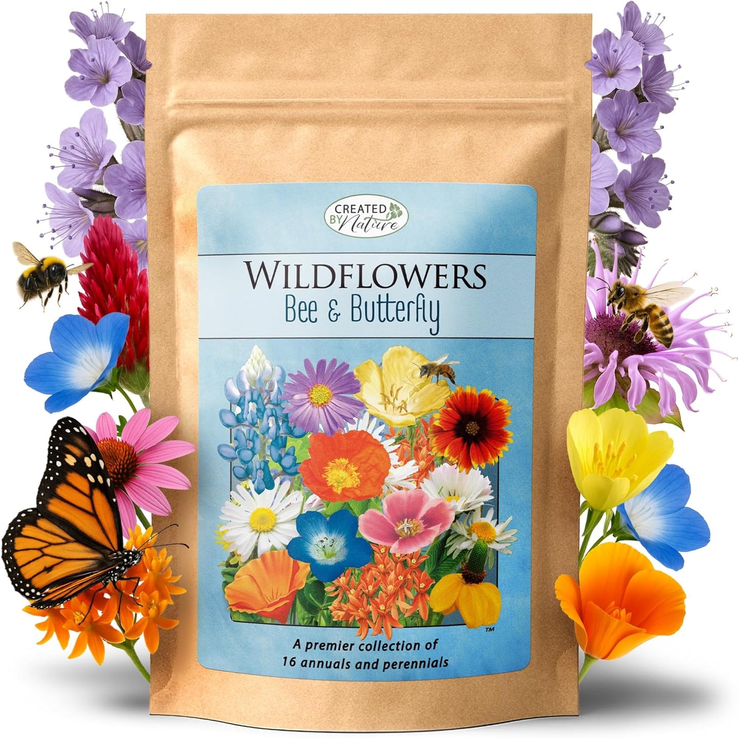 Created By Nature Bee & Butterfly Wildflower Seed Mix, 16 Varieties, 30,000 Seeds