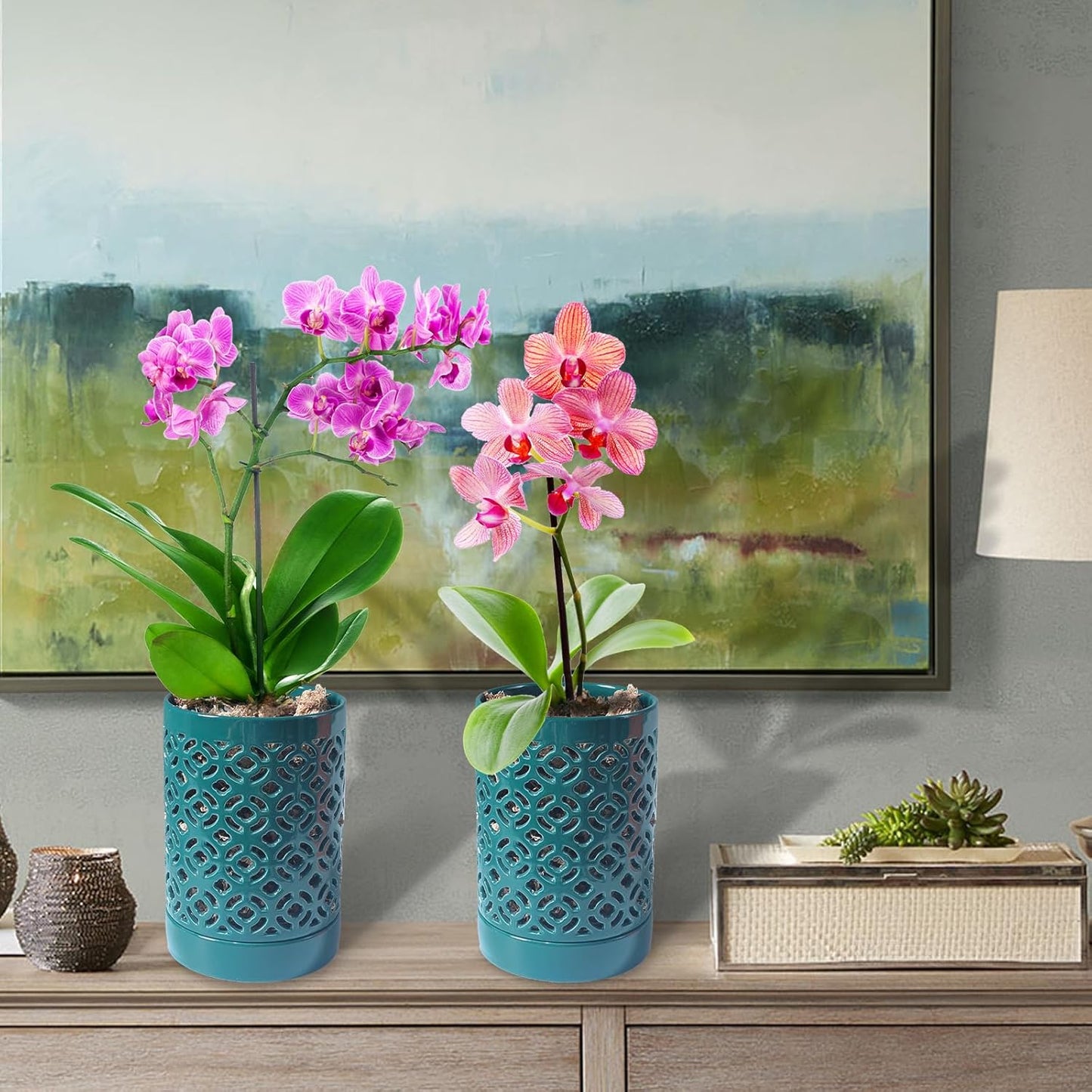 Orchid Pot 4 Inch, Orchid Pots with Holes & Saucers for Repotting, Breathable Slotted Orchid Pots Flower Plant Pot Green