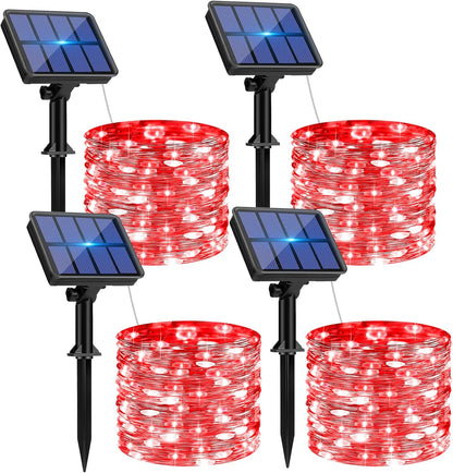 4 Pack Solar String Lights Outdoor - 320LED 132FT Solar Fairy Lights Waterproof 8 Modes, Copper Wire Solar Powered Twinkle Lights for Outside Tree Garden Christmas Wedding Party Decor, Red