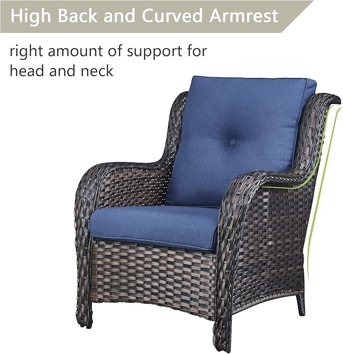 Rilyson Wicker Patio Furniture Chairs Set - 8 Piece Rattan Outdoor Patio Sectional Conversation Sets with 1 Sofa,4 Armrest Chairs,1 Coffee Table and 2 Ottomans for Porch Deck Garden(Brown/Blue)