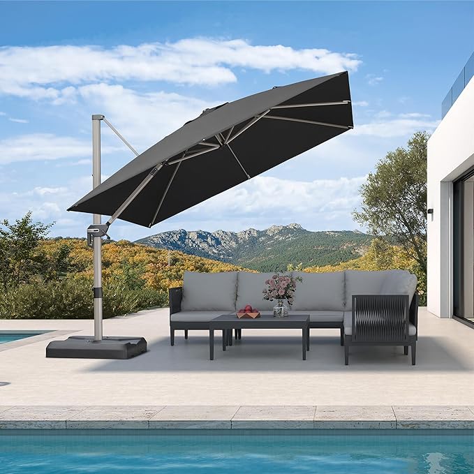 PURPLE LEAF 10' X 10' Patio Umbrella Outdoor Cantilever Umbrella, Aluminum Offset Umbrella with Champagne Frame and 360° Rotation for Pool Deck Garden, Black