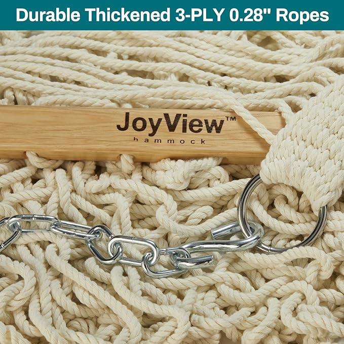 JoyView Traditional Rope Double Hammock - Hand Woven Cotton Hammock with Hardwood Spreader Bar and Pillow 450lb Capacity for Outdoor Indoor Patio Yard - Natural