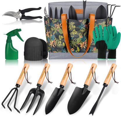 YAUNGEL Garden Tools - 10Pcs Garden Tool Set Heavy Duty Stainless Steel Gardening Supplies Hand Tools with Wooden Handle, Storage Tote Bag, Ideal Gardening Gifts for Women and Men, Black