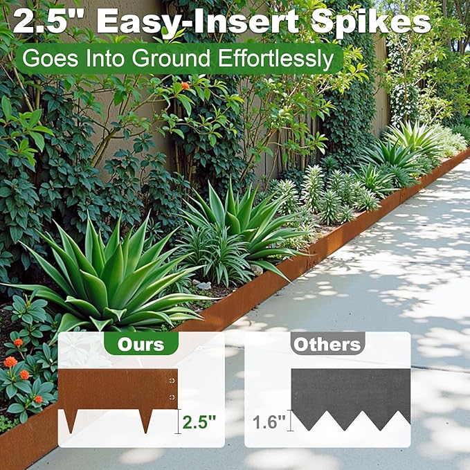 Heavy-Duty Cor-Ten Steel Landscape Edging (8" H x 40" L) - 6-Pack (20 Ft Total) | Pre-Rusted, Weatherproof Garden Border | Hammer-in, No Dig, Bendable Design for Lawns, Flower Beds & Trees