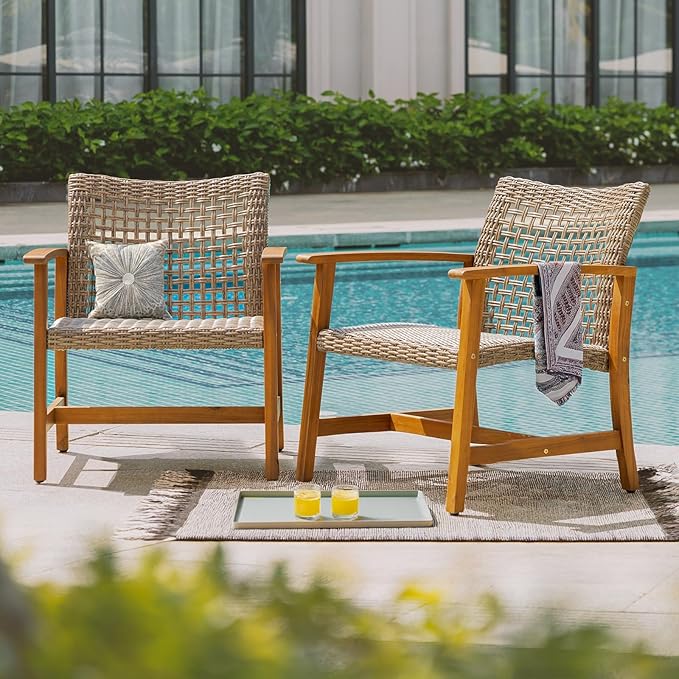 IDZO Liberte 500lbs Capacity Acacia Outdoor Club Chairs Set of 2, FSC Teak Finish Wood Upgraded Patio Furniture Sets with Upgraded 2000Hours UV Resistant Wicker