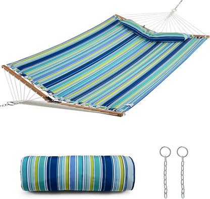 Tangkula 10.5FT Double Hammock, Heavy Duty Outdoor Hammock with Curved Spreader Bars, Detachable Pillow, 2 Person Hammocks for Outside, Porch, Patio (Stand is not Included) (Blue+Green)