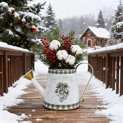 Vintage Metal Christmas Watering Can Decor - Wonderful Winter Days Design with Bell Wreath, Rustic Farmhouse Watering Pot Garden Decorative Planter for Holiday Home Mantel Tabletop Xmas Decor