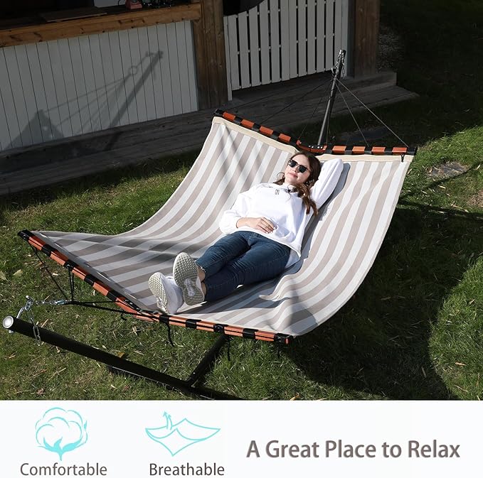 TegerDeger 12FT 2 Person Hammock with Stand Included 55 x 79IN Large Hammock Quick Dry 450LB Capacity with V Shaped Hardwood Spreader Bar & Nylon Rope for Outside, Patio, Garden - Tender Beige Stripes