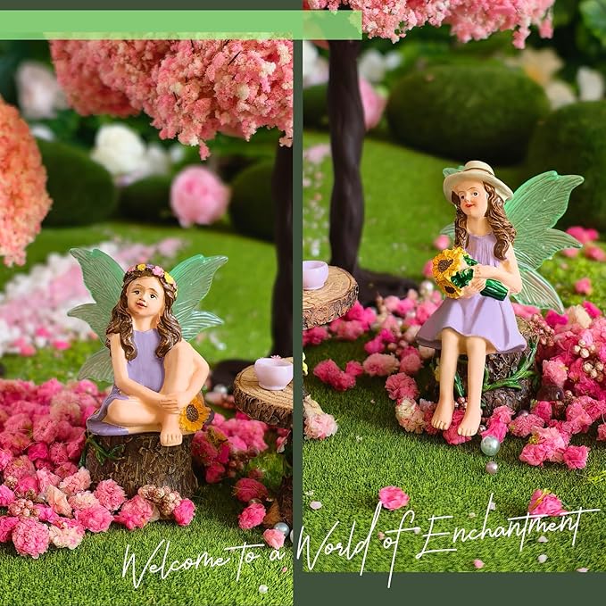 DONABELA Fairy Garden Kit Figurine Set Supplies 2 Fairies Table 2 Chairs Teapot Teacups Miniature Decor Accessories Tiny Furniture Outdoor Indoor Ornament Gift for Kids