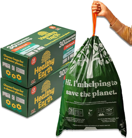 Healthy Earth 13 Gallon Compostable Trash Bags – Tall Kitchen Garbage Bags with Drawstring Handles, Extra Thick Plant-Based Liners, BPI & TÜV Certified ASTM D6400, Heavy Duty Leak-Proof (60 Count)