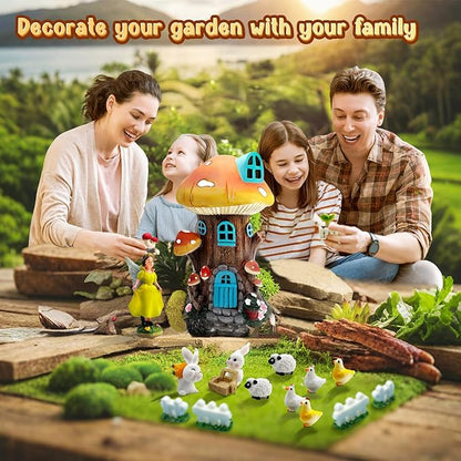 DONABELA Fairy Garden Kit Small Mushroom House Miniature Animals Figurines Accessories Outdoor Tiny Decor for Kids 18 PCS