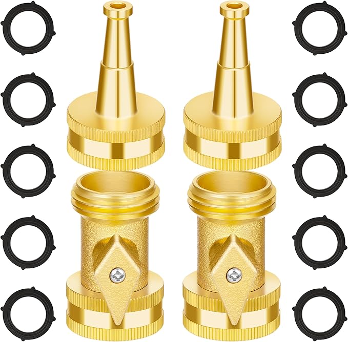 AUTOMAN Brass Hose Nozzle - High Pressure Jet Nozzle 4 Count (2 Set), Heavy Duty Water Hose Sprayer Sweeper with Hose Shutoff Valve, 3/4” GHT Nozzles for Garden Hose, Car Wash, Extra 10 Rubber Washers
