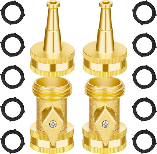 AUTOMAN Brass Hose Nozzle - High Pressure Jet Nozzle 4 Count (2 Set), Heavy Duty Water Hose Sprayer Sweeper with Hose Shutoff Valve, 3/4” GHT Nozzles for Garden Hose, Car Wash, Extra 10 Rubber Washers