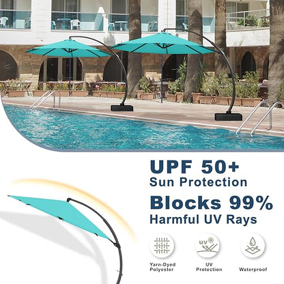 12FT Cantilever Umbrella with Base Large Curvy Outdoor Aluminum Offset Umbrella w/ 360° Rotation, UV Resistant Canopy for Patio, Garden, Backyard, Aqua Blue