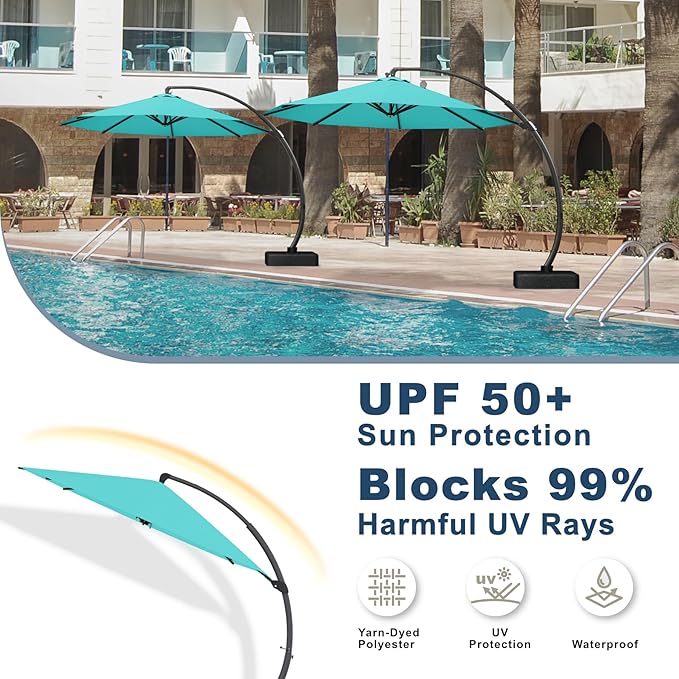 12FT Cantilever Umbrella with Base Large Curvy Outdoor Aluminum Offset Umbrella w/ 360° Rotation, UV Resistant Canopy for Patio, Garden, Backyard, Turquoise Blue
