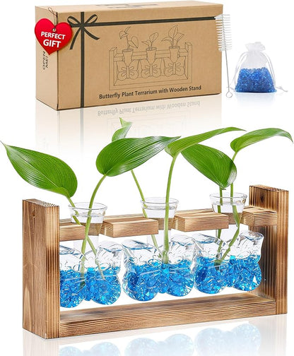 Nacome Butterfly Vase Propagation Stations: Glass Plant Terrarium with Wooden Stand for Home Office Desk Decor, Unique Gifts for Plant Lovers Women Mom