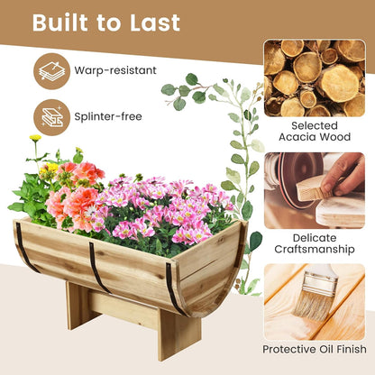 HAPPYGRILL Wooden Plant Pots, Solid Acacia Wood Half-Barrel Planting Flower Pot w/Legs, Drainage for Flower Vegetable Fruit, Outdoor Elevated Garden Bed, Decorative Planters for Indoor Plants (2)