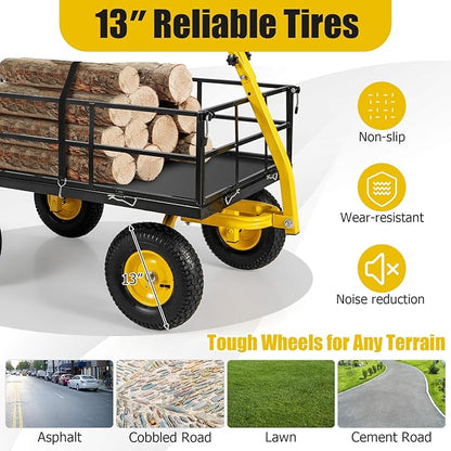 Utility Garden Cart, 1200 lbs Capacity Heavy Duty Wagon Cart with Rotating Handle, Removable Sides & 13" Wheels, Metal Utility Cart for Outdoor Hauling & Gardening